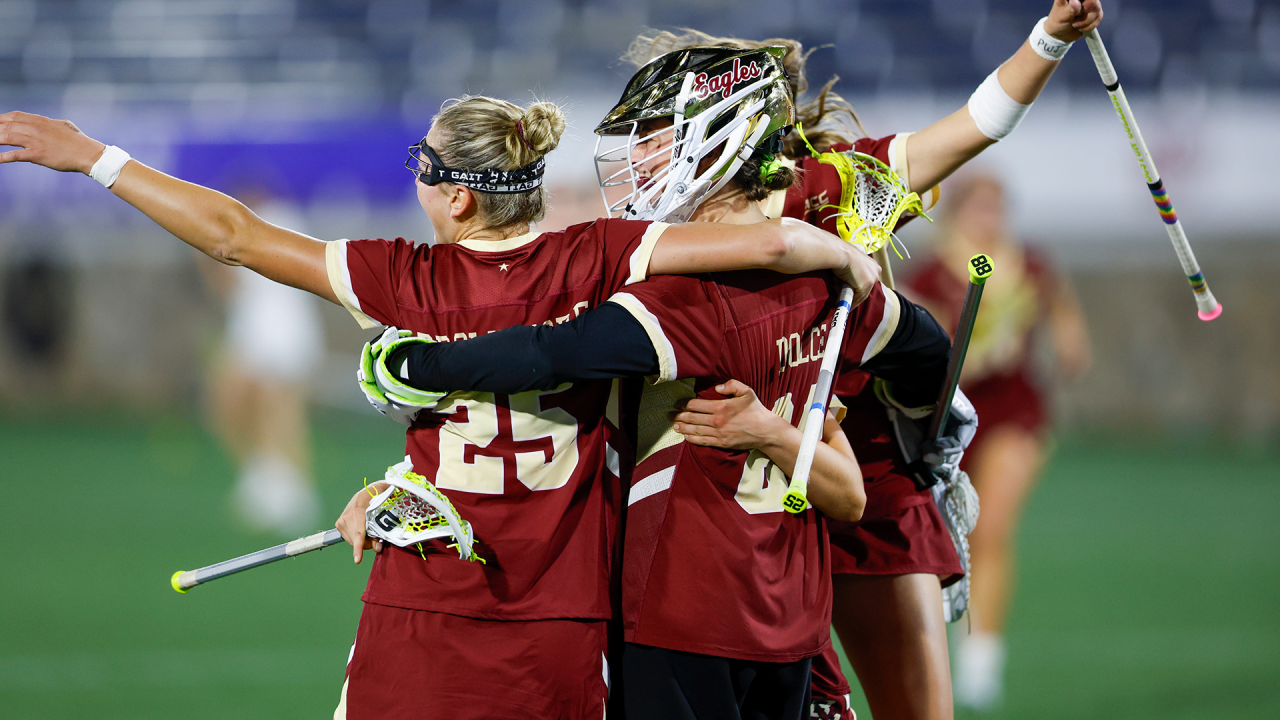 Goalie Shea Dolce and the Boston College defense celebrate after a 9-7 win over Notre Dame in the ACC semifinals at American Legion Memorial Stadium in Charlotte, N.C.