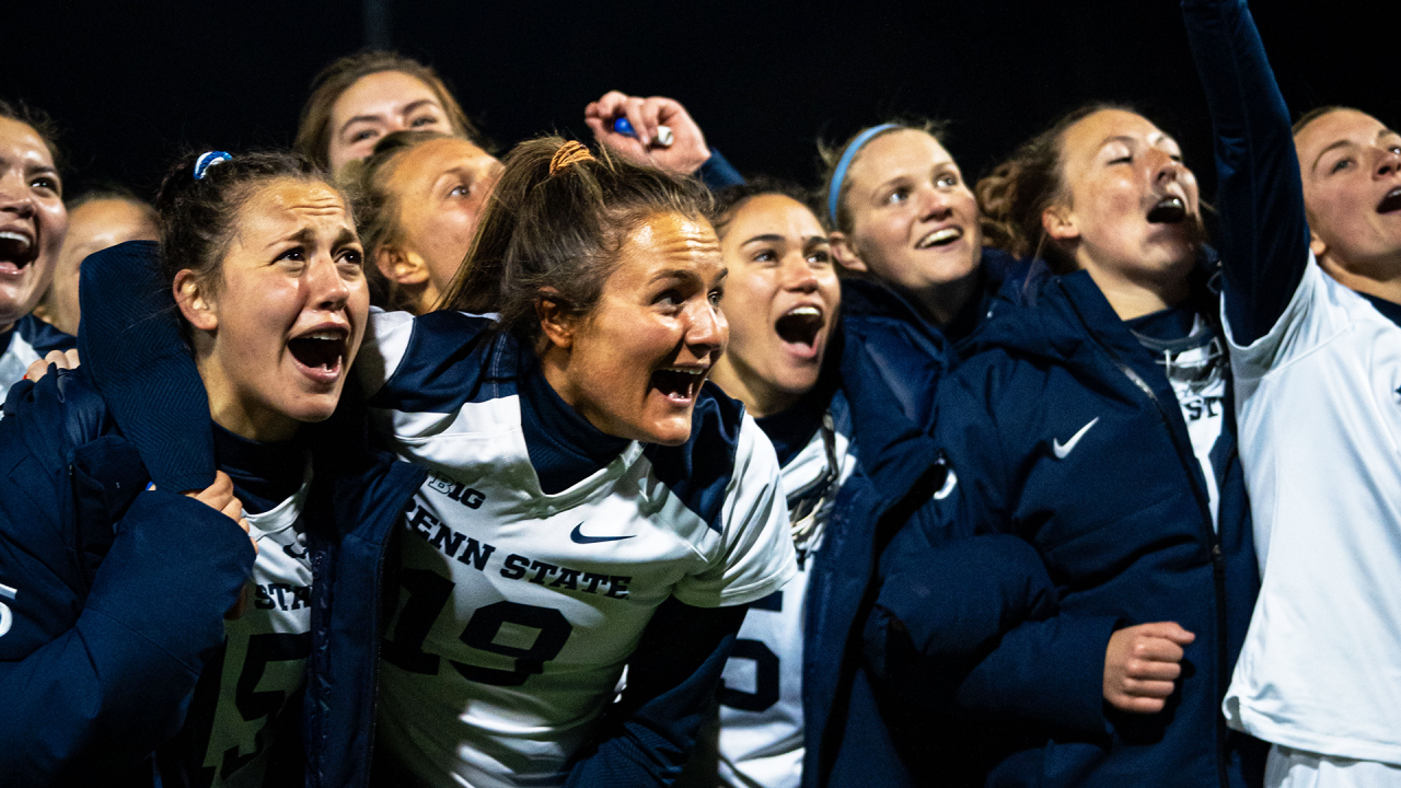 Kristin O'Neill (19) surrounded by Penn State teammates as their celebrate after beating No. 1 Northwestern.